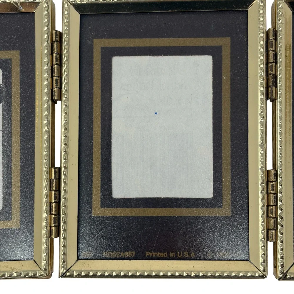 Vintage 1988 Gold Tone Triple Folding Photo Frame Mini Hinged Desk Picture Frame